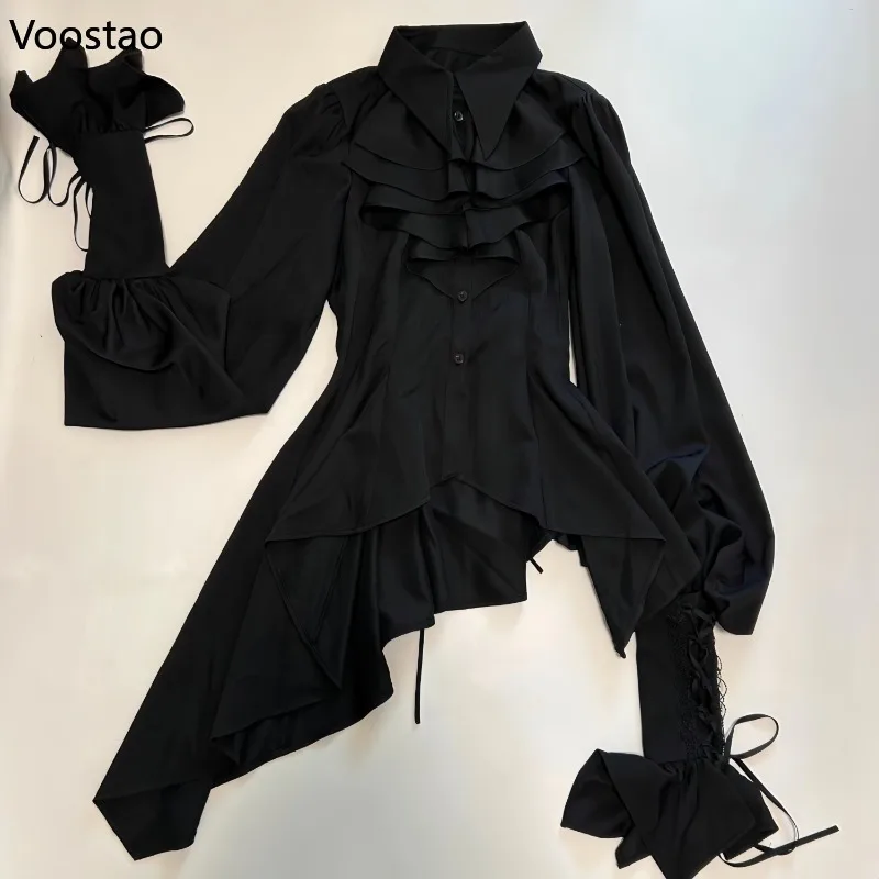 Gothic Y2k Lolita Style Shirts Japanese Women Vintage Cute Ruffles Collar Long Sleeves Blouse Female Victorian Elegant Slim Tops