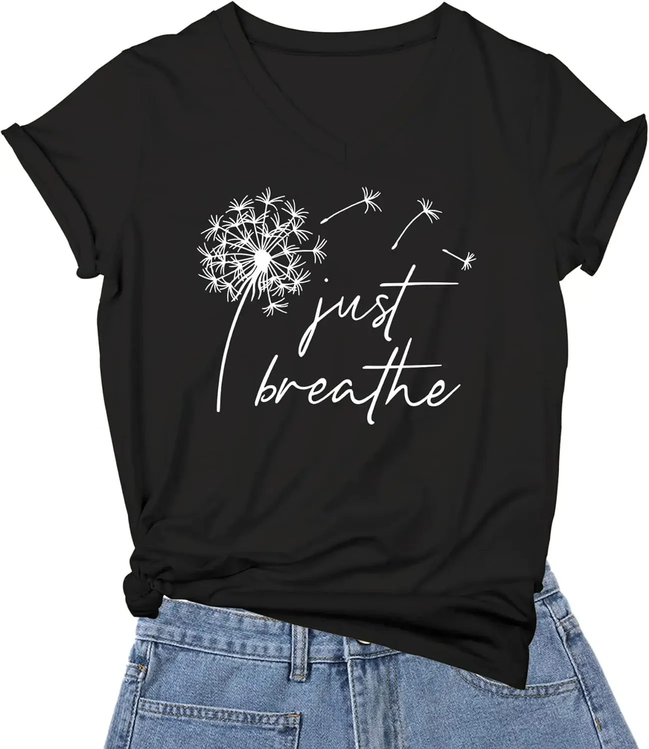 

Funny Cute V-Neck Shirt Tops Just Breathe Dandelion T-Shirt for Women