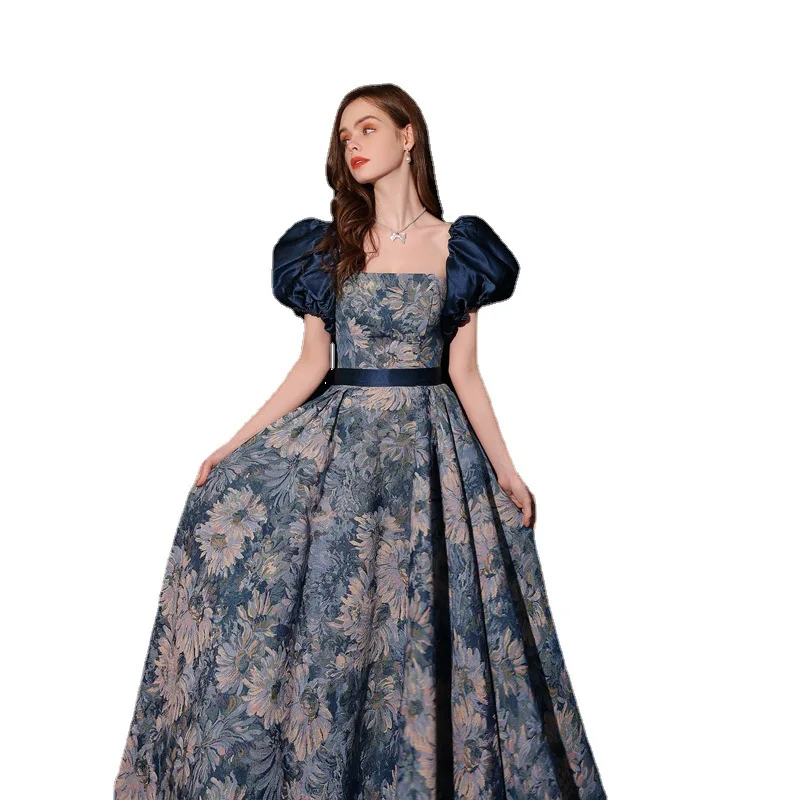 Blue Flower Pattern A Line Princess Party Evening Dress With Detachable Sleeves Prom Dress Floor-Length Homecoming Vestido