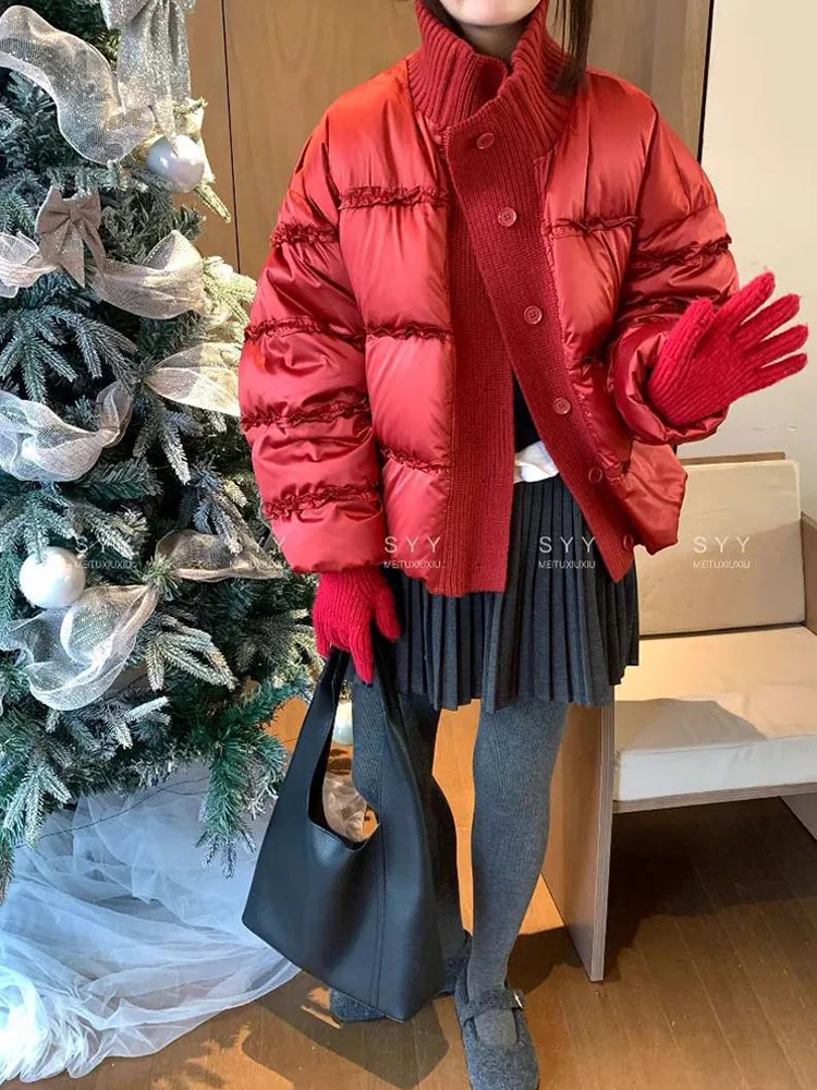 

Новый зимний вязаный пуховик с воротником-стойкой для женщин, короткое модное универсальное утолщенное теплое пальто для поездок на работу
