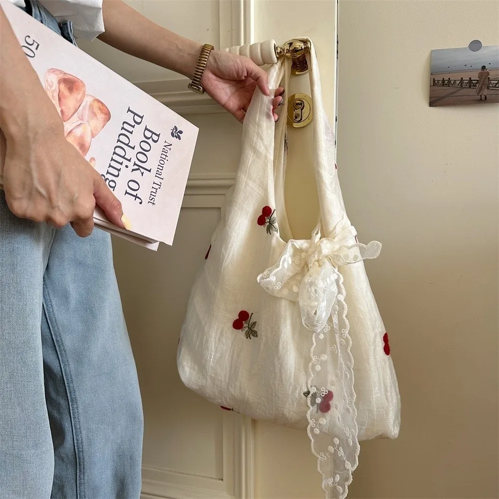 

Casual Embroidered Bow Tote Bag Chiffon Korean Style Cherry Shoulder Bag Light Weight Large Capacity Canvas Underarm Bag Handbag
