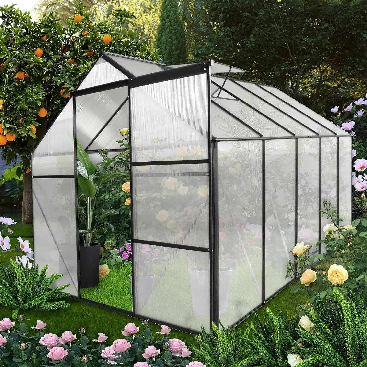 

6x10 FT Hybrid Polycarbonate Greenhouse with Sliding Door and Adjustable Vent Window Walk-in Hobby Aluminum Heavy Duty Hot House