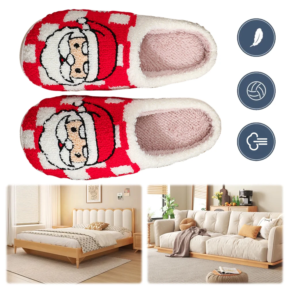 Christmas Santa Claus Slippers Plush Checkered Santa Slippers Anti Slip Cute Furry Slippers Soft Couple Slippers for Men Women