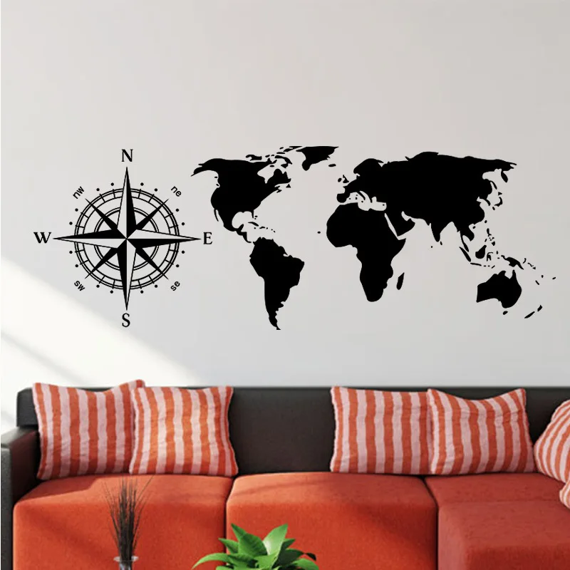 Pegatina de pared de mapa del mundo grande para casa, decoración de sala de estar, calcomanía, brújula náutica, rascador, TA5