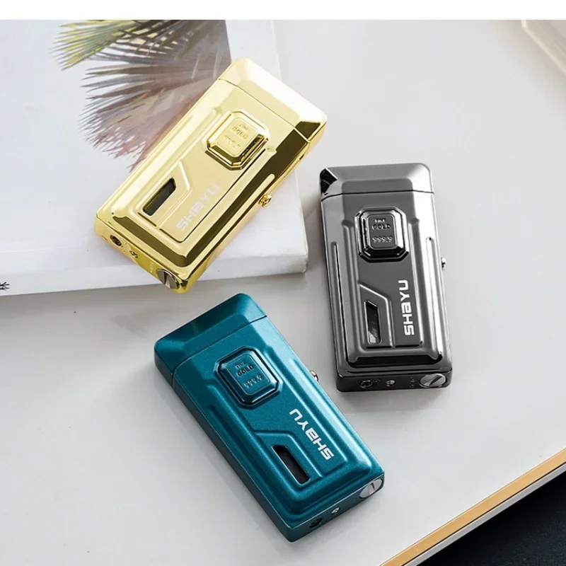 

Ветрозащитная газовая зажигалка на бутане с креативным двойным пламенем, выдвижным красным пламенем, видимым окном уровня газа и бесшумным электронным поджигом