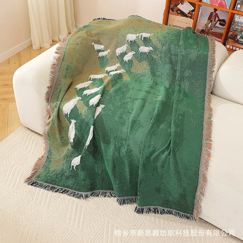 Vintage Jacquard Grassland Sheep Camping Picnic Blanket Multifunctional Blankets Wall Decor Tapestry Throw Blanket for Sofa Bed