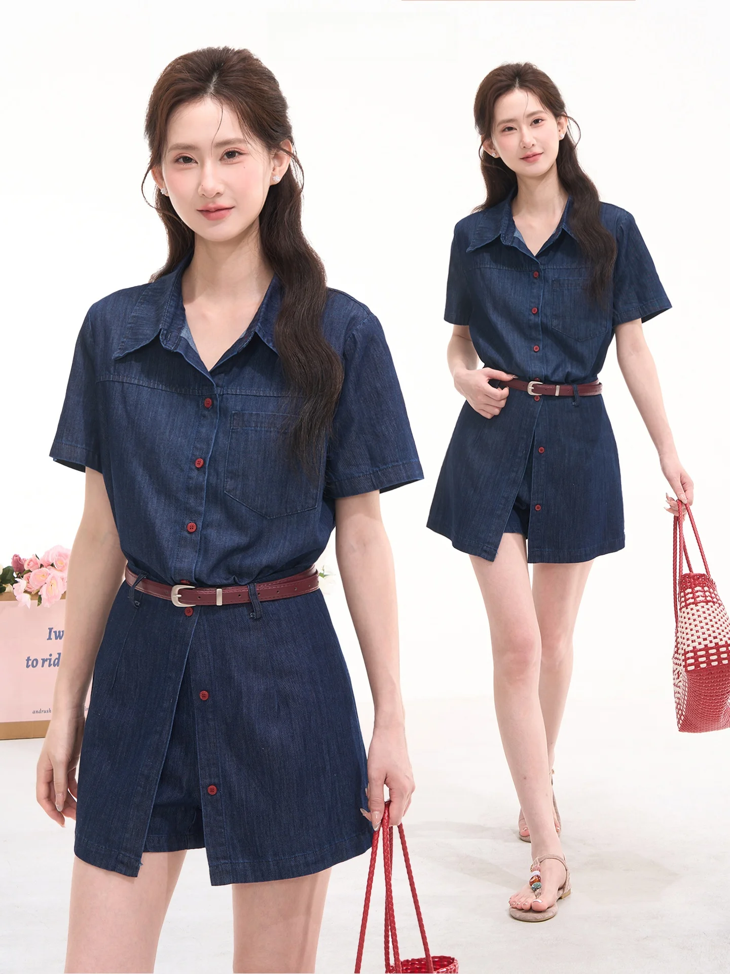 

Sweet And Cool Vintage Versatile Simple Denim Shirt Skirt Pants Two Piece Set Women Summer Casual Fit Cotton Polyester Blend