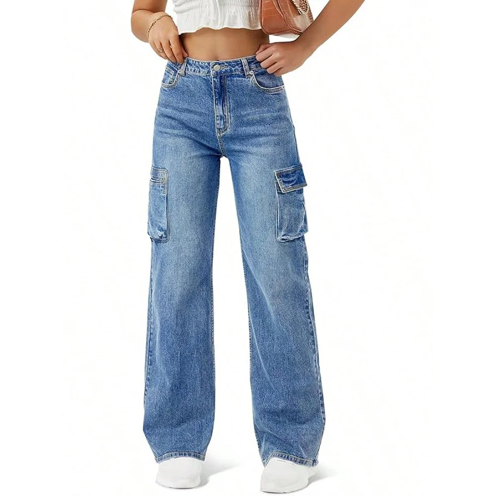 Flip Up Large Pocket Jeans Loose Casual Workwear Straight Versatile Long Pants Women Fashionable High Waisted Denim Pants