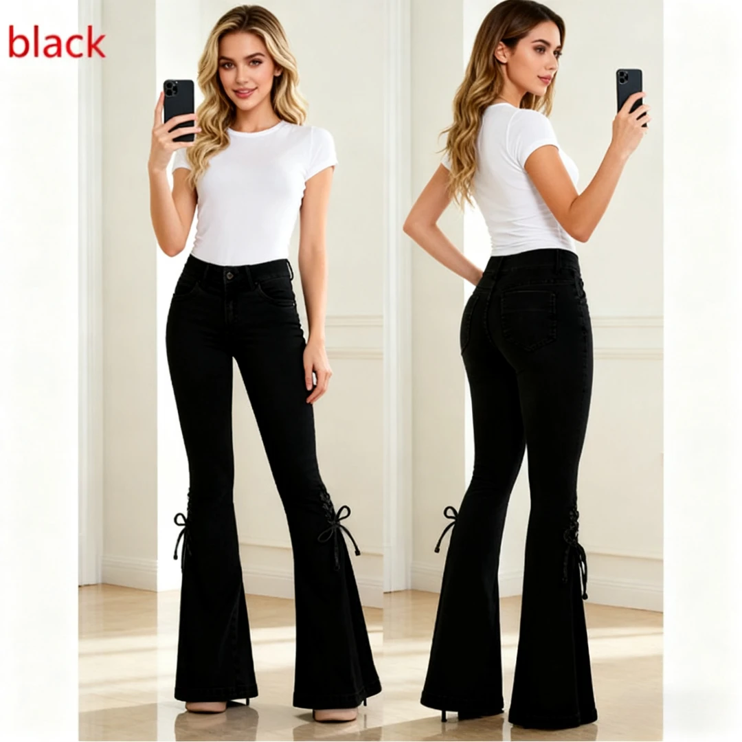 Women Jean Flare Pants Washed Denim Pants 2025 Zipper Fly Loose Fit Pockets High Waist Basics Lace Up Vintage Solid Full Length
