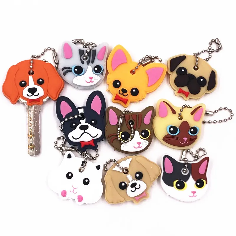 

Mix 40Pcs Animals Dog Cat Key Cover Cute Anime Silicone KeyChains Women Funny Animal Key Holder Caps Key Chain Children Gift