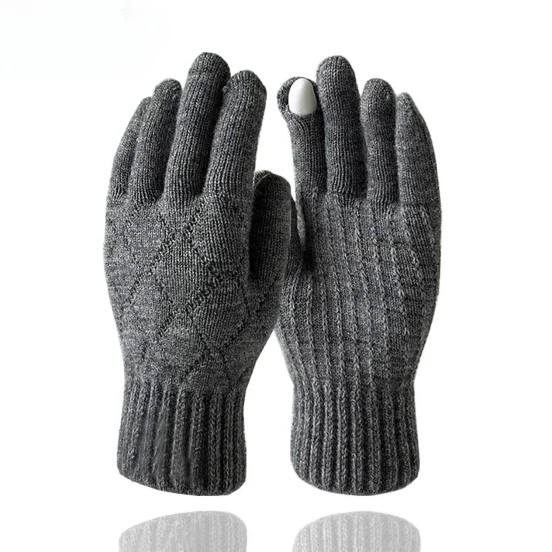 Men\'s Warm Full Finger Gloves Winter Touchscreen Plus Fleece Gloves Woman Thickening Wool Knitted Cycling Driving Gloves