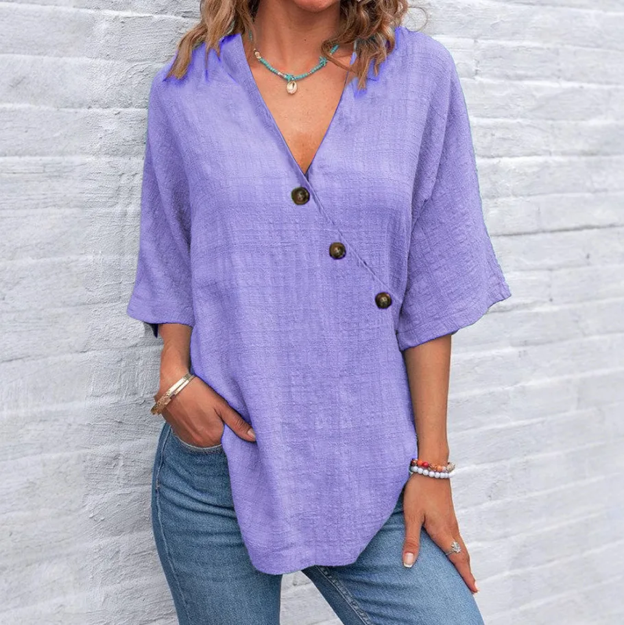 

2025 Summer New Solid Color Cotton Linen Button Top Women's Clothing