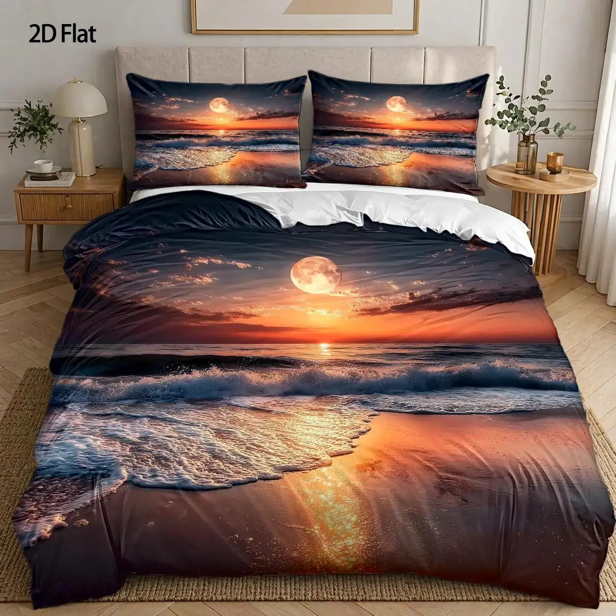 3-Piece Quilt Cover Set, 1 Quilt Cover + 2 Pillowcases (Without Filling) 2D Flat Printing, Three-Piece Quilt Cover Set, Sea Waves and Sunset Theme, Surreal Style, Beach Sunrise Festival, Suitable for All Seasons, Machine Washable, Invisible Zipper, Large Quilt Cover Set, Bedding Set, Skin-Friendly and Breathable, Soft and Comfortable, Does Not Fade or Pill, Suitable for Home/Dormitory/Master Bedroom/Guest Room