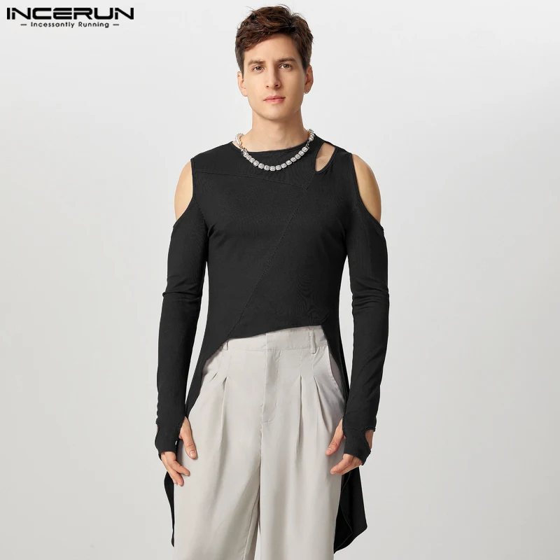 INCERUN Tops Fashion Men Deconstruction Design Hollow Irregular Hem T-shirt Male Solid Casual Half Thimble Long Sleeved Camiseta