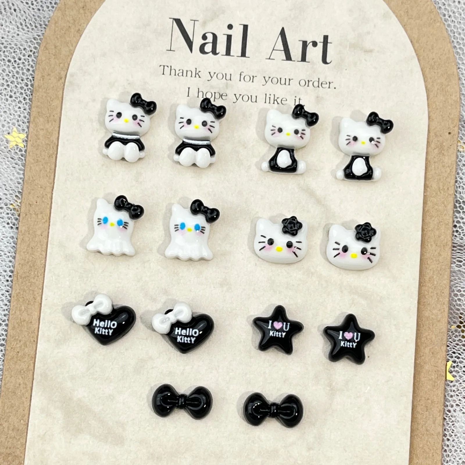 Sanrio Black Series Hello Kitty Nail Accessories Girl Cute Cartoon 3D Love Bow Ghost Handmade Wearing Armor Decoration Wholesale