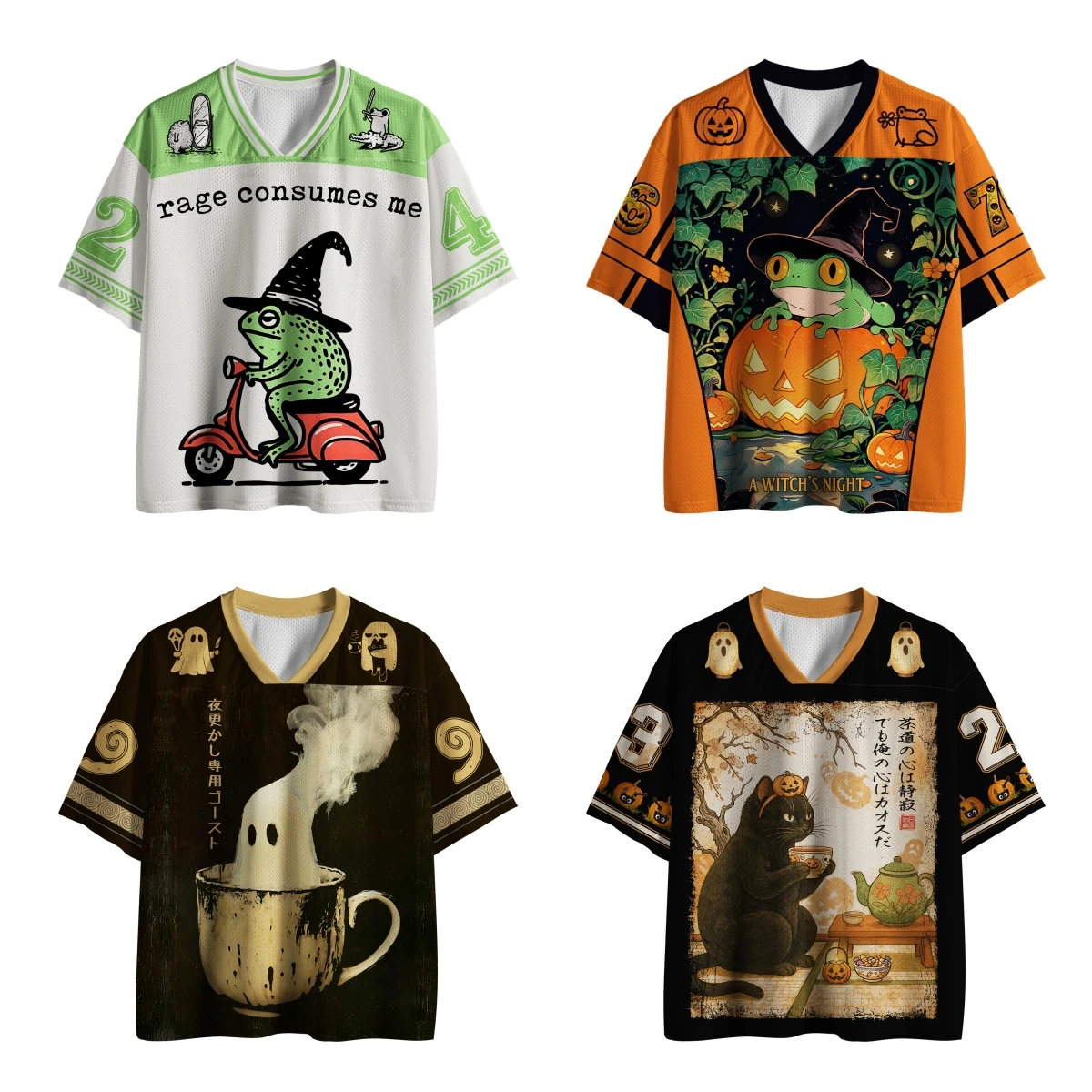 2026 Hotsale Spooky Cute Halloween Jersey Bundle, 4 Styles Frog Ghost Black Cat Graphic Unisex V-Neck Tee, Halloween Streetwear