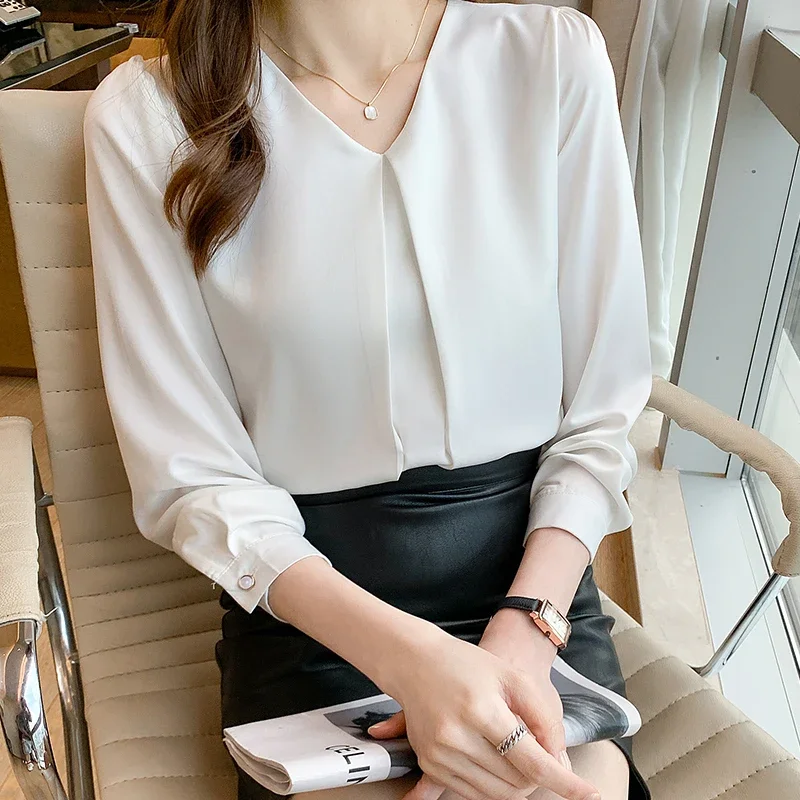 New Fashion Long Sleeve Women Blouse Blusas Mujer De Moda 2024 V-Neck White Chiffon Blouse Shirt Women Tops Blouses Shirts G175