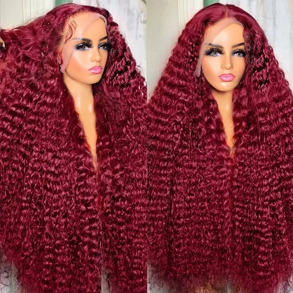 

30 36 Inch 99J Burgundy 13x6 Hd Lace Frontal Human Hair Wig Red Colored 13x4 Transparent Lace Curly Deep Wave Lace Front Wig