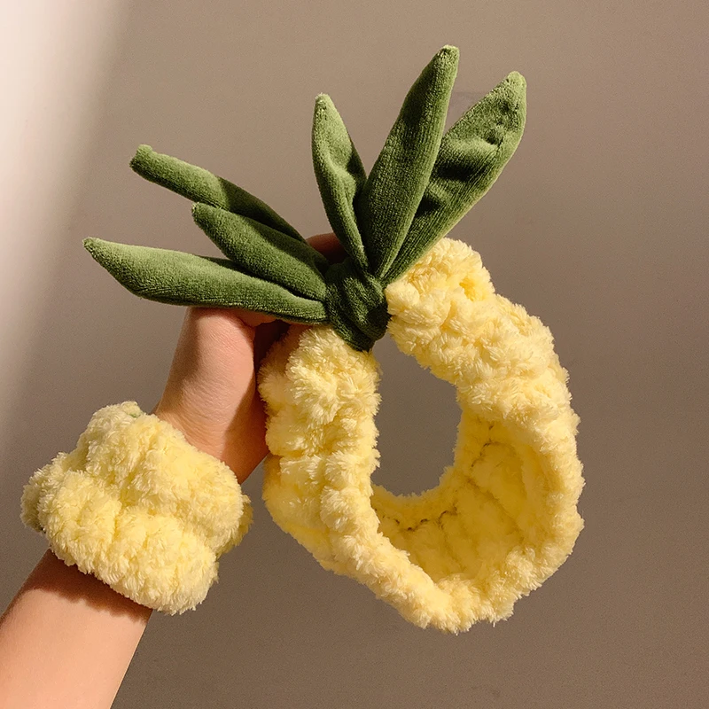 Keep Dry Water Wrist Strap Hair Accessories Soft Elastic Hair Band Yellow Pineapple Plush Headband Handmade DIY Thick Head Wrap