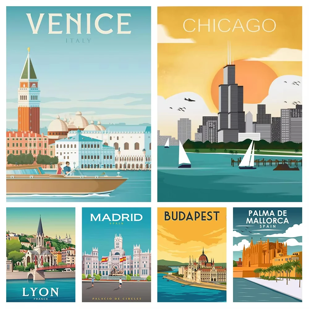 Póster Artístico de pared moderno de Lyon, Madrid, Chicago, Budapest, ciudad turística, impresiones Pop, decoración del hogar para sala de estar, pintura en lienzo, imagen Mural