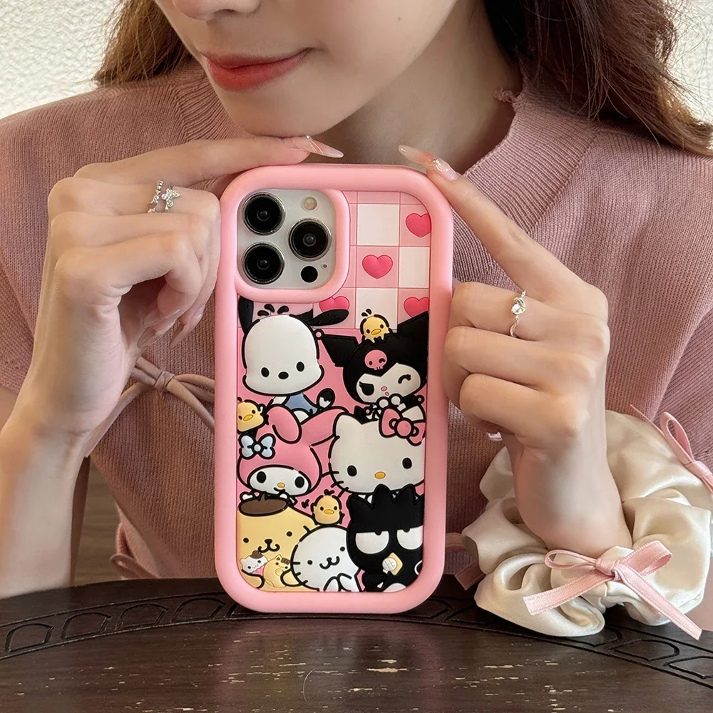 

3D Cartoon Sanrios Hello Kitty Cinnamoroll Kuromi Phone Case for IPhone 16 15 14 13 12 11 Pro Max Soft Silicone Back Cover Gift