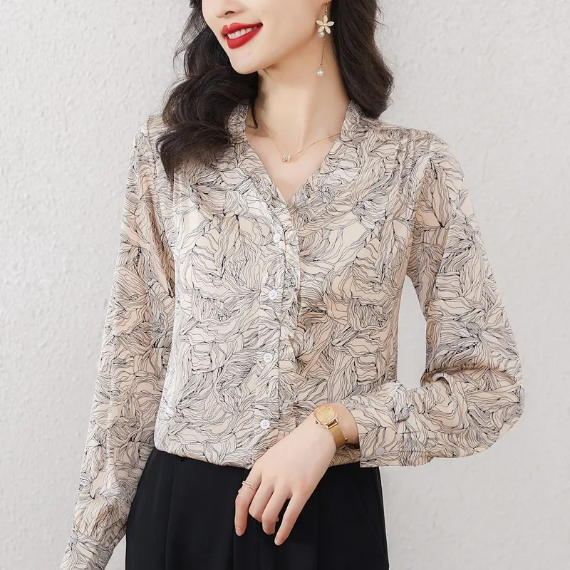 

Повседневные женские блузки с принтом, винтажные топы, модная свободная летняя французская одежда, шифоновые корейские женские рубашки с длинными рукавами и v-образным вырезом