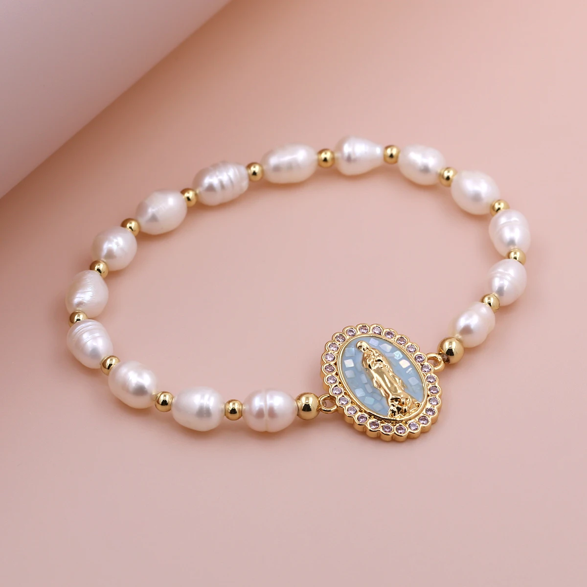 2024 Newest Shell Pearl Bead adjustable Zirconia Paved Virgin Mary Religious Cz white Elastic line Bracelet For Women