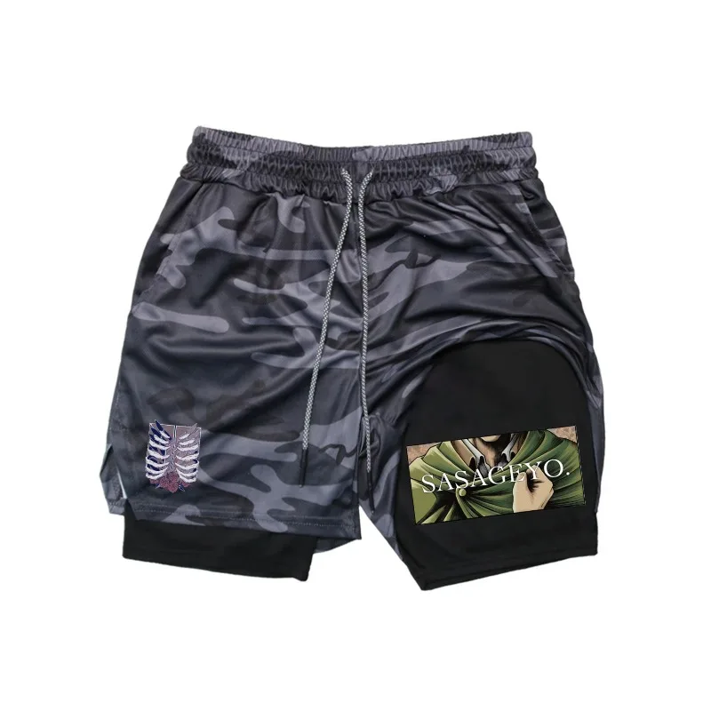 Pantaloncini da allenamento da corsa 2in1 con stampa Attack on Titan Pantaloncini da compressione performanti da uomo con tasca per telefono Abbigliamento sportivo sportivo