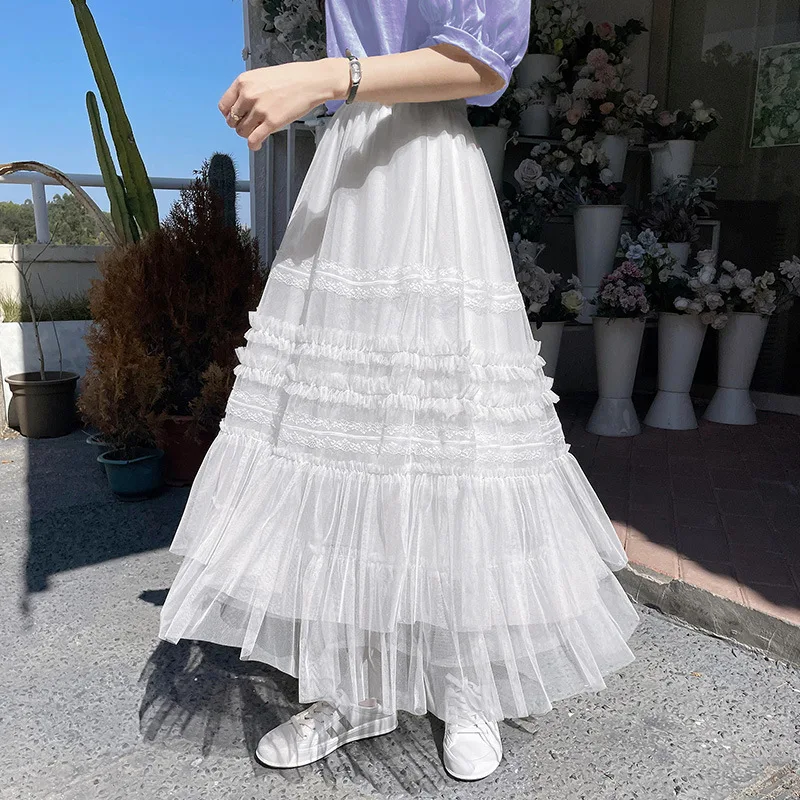 Matakawa Mesh Ruffles Long Skirt Solid Spring Summer Sweet Korean Fashion A-line Women Skirts High Waist Retro Faldas Mujer