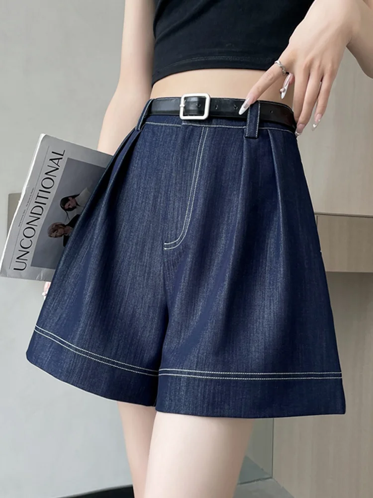 

Retro Blue Wide Leg Silk Denim Shorts Women's Summer Thin High Waist Slimming Loose Ice Silk Five-Point Pants Casual Trousers