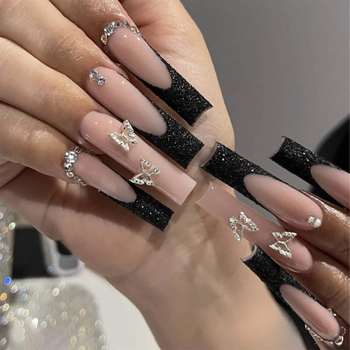Luxury Black Glitter Butterfly Press On Nails, Long Rectangle Nude Pink with Rhinestone, Spicy Girl Reusable Fake Nails