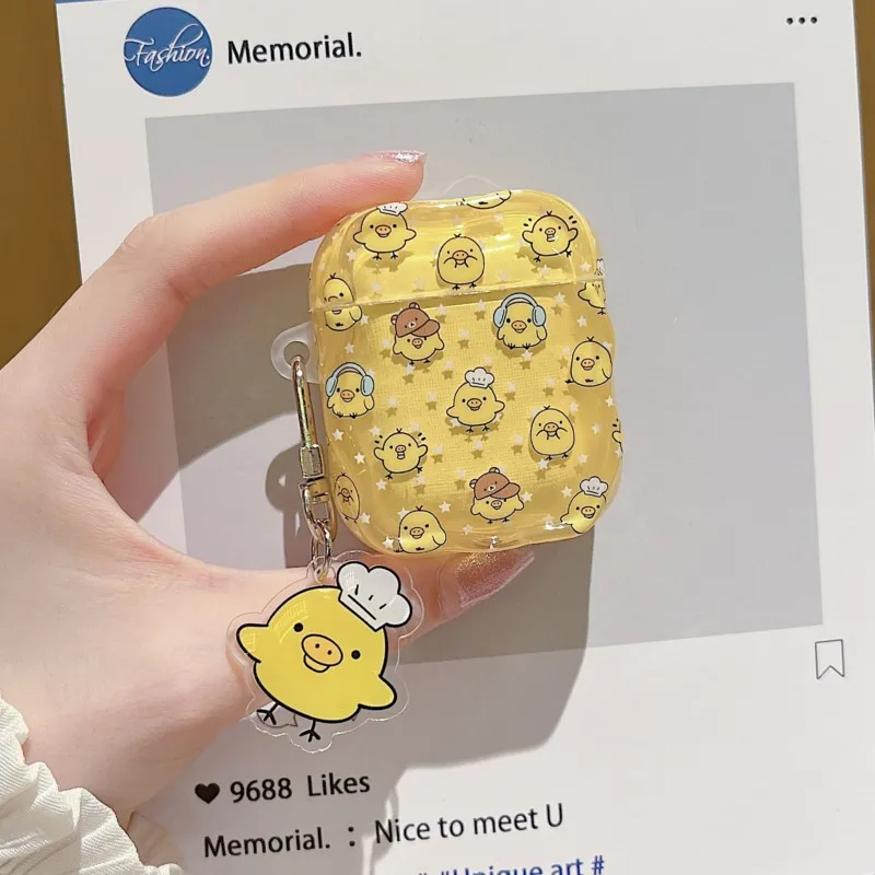 Kawaii Cartoon Yellow Chick Clear Headphone Case With Keychain For AirPods 1/2/3/4 Pro 2 Pro 3 Minimalist Korean Cover