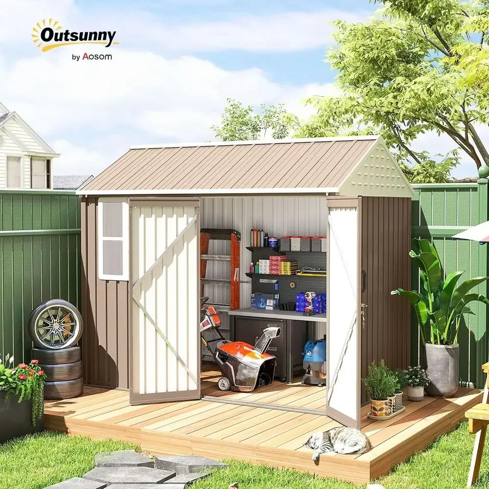 8ft x 6ft Outdoor Storage Shed, Metal Garden Shed with Window & Double Lockable Door, Ideal for Tools, Patio, Lawn, and Garage,