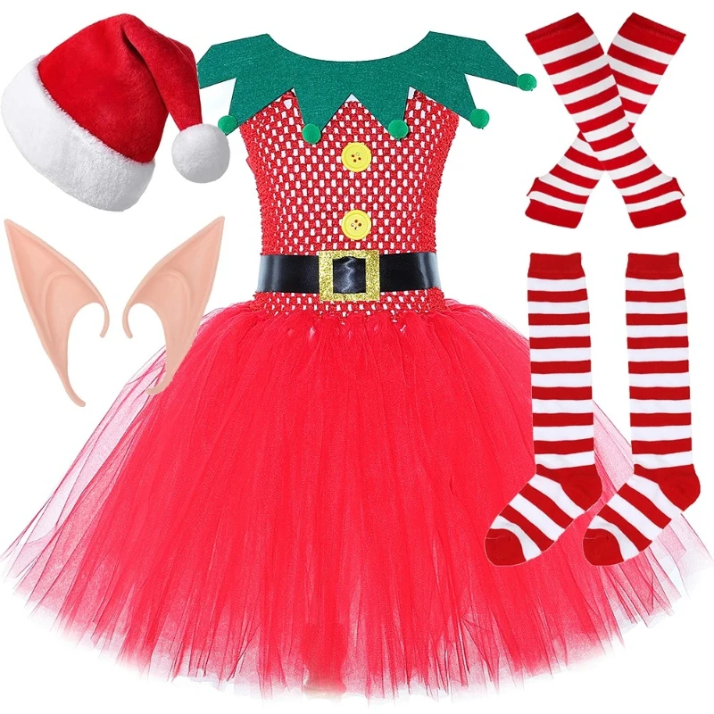 Girls Elf Costume for Kids Red Green Santa Elf Tutu Dress Girls Christmas Princess Dress Toddler Girl Festive Xmas Party Outfit