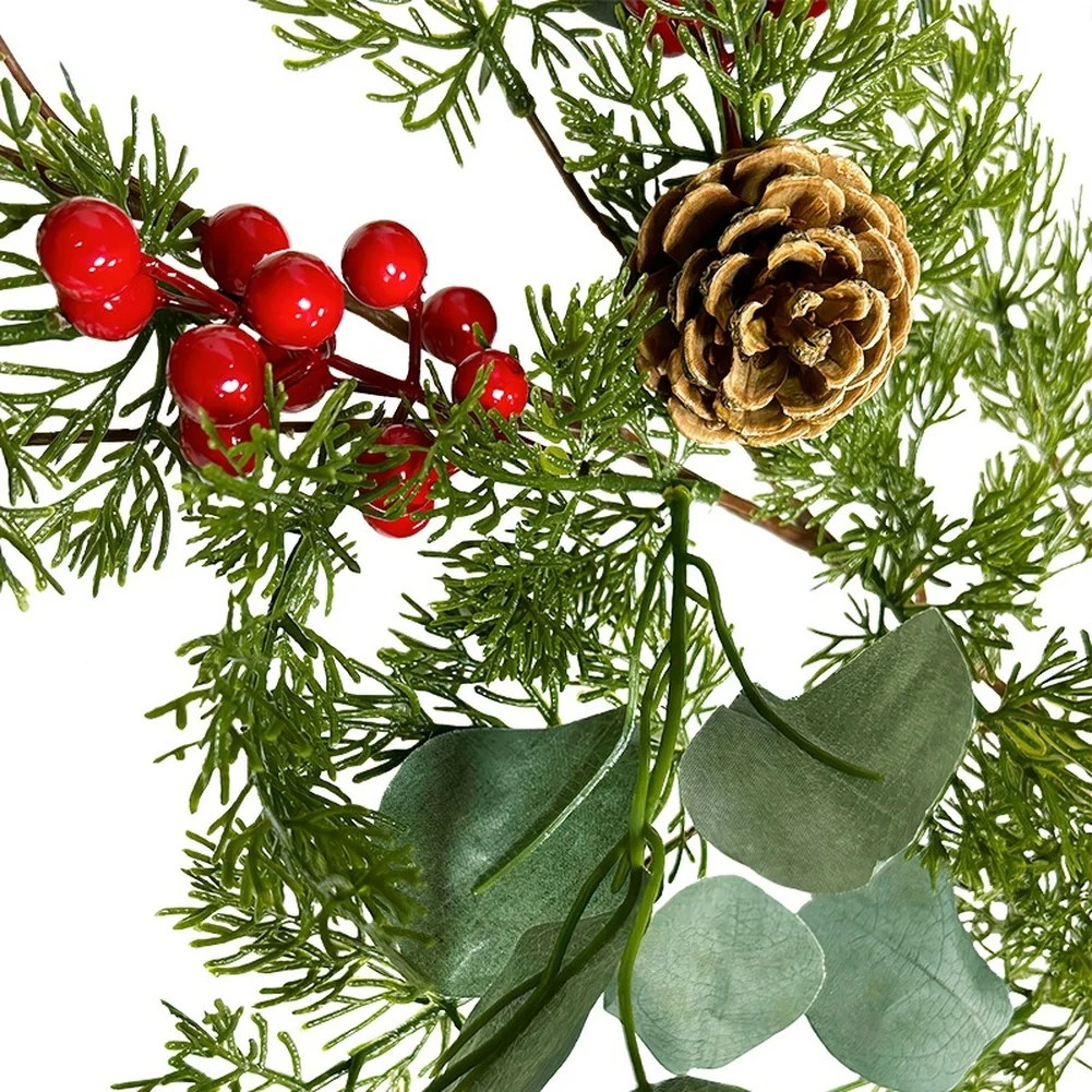 175cm Festive Garland Composed of Silk Pine Needles Red Berries Eucalyptus Branches and Pinecones for Indoor Seasonal Decoration