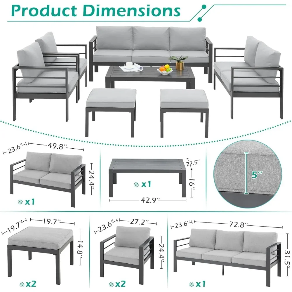 Mobilier d'extérieur moderne avec table basse, ensemble de conversation de 7 pièces avec coussins pour balcon, porche, pelouse et plus encore