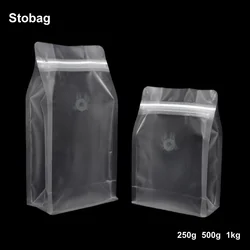 StoBag 50pcs Transparent Frosted Coffee Beans Packaging Bags Clear with Valve Sealed for Food Powder Tea Nuts Storage Pouch