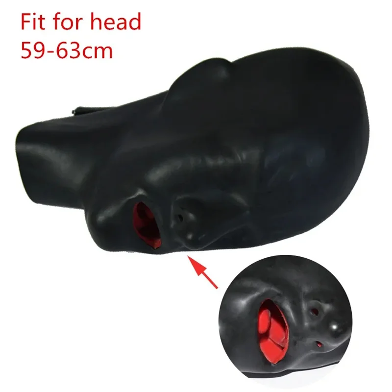 0.6mm Thickness 3D Latex Hood Rubber Mask Fetish with Mouth Gag Plug Long Nose Tube Back Zip for Women Head Around 54-57cm