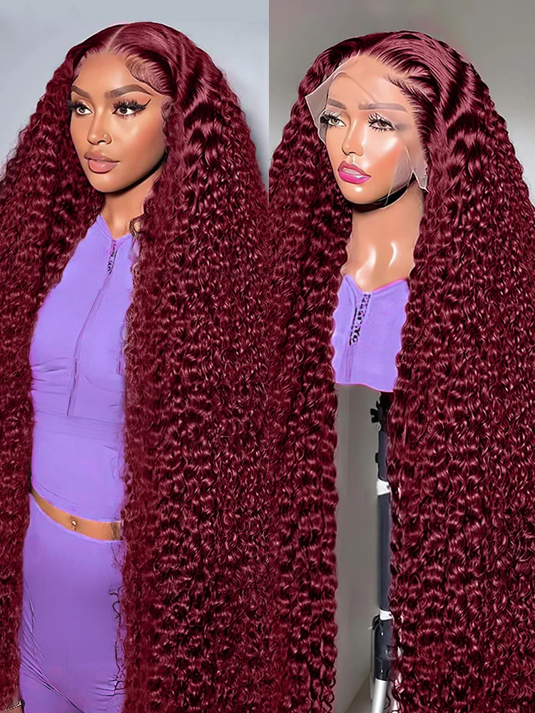 99J Burgundy Deep Wave High Density 13x6 Lace Front Wig Curly Red Colored 13x4 HD Transparent Lace Frontal Human Hair Wigs