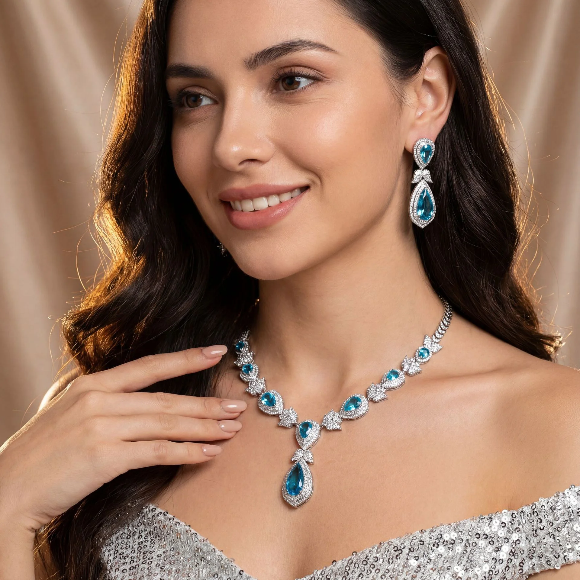 

European Zircon Diamond Heart Necklace Earrings Set Women Exaggerated Light Luxury High Grade Pendant Evening Dress Jewelry