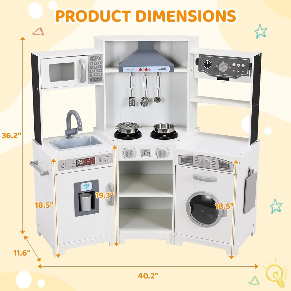 Corner Play Kitchen for Kids, Wooden Pretend Toy Kitchen, Large Toodler Cooking Playset w/Washer, Range Hood w/Light & Sound