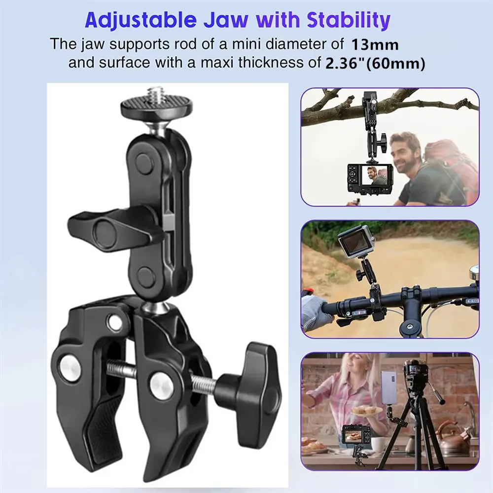 Super Clamp Camera Clamp Mount Monitor 360° Ballhead Magic Arm Adapter with1/4"-20 3/8" for Canon Nikon DSLR Camera/Gopro/Lights