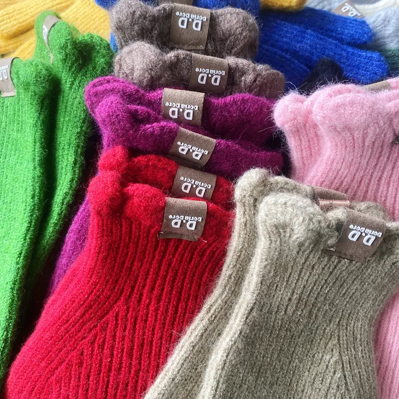 Einfarbige Wollstrickhandschuhe für Damen Herbst und Winter SüdkoreainsSplit-Finger winddichte Wollmischung Studenten Warm-Ke