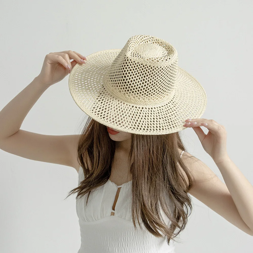 USPOP New Spring Summer Fashion Casual Hand-woven Hollow Wide Brim Straw Hat Breathable Beach Hat Straw Jazz Fedoras