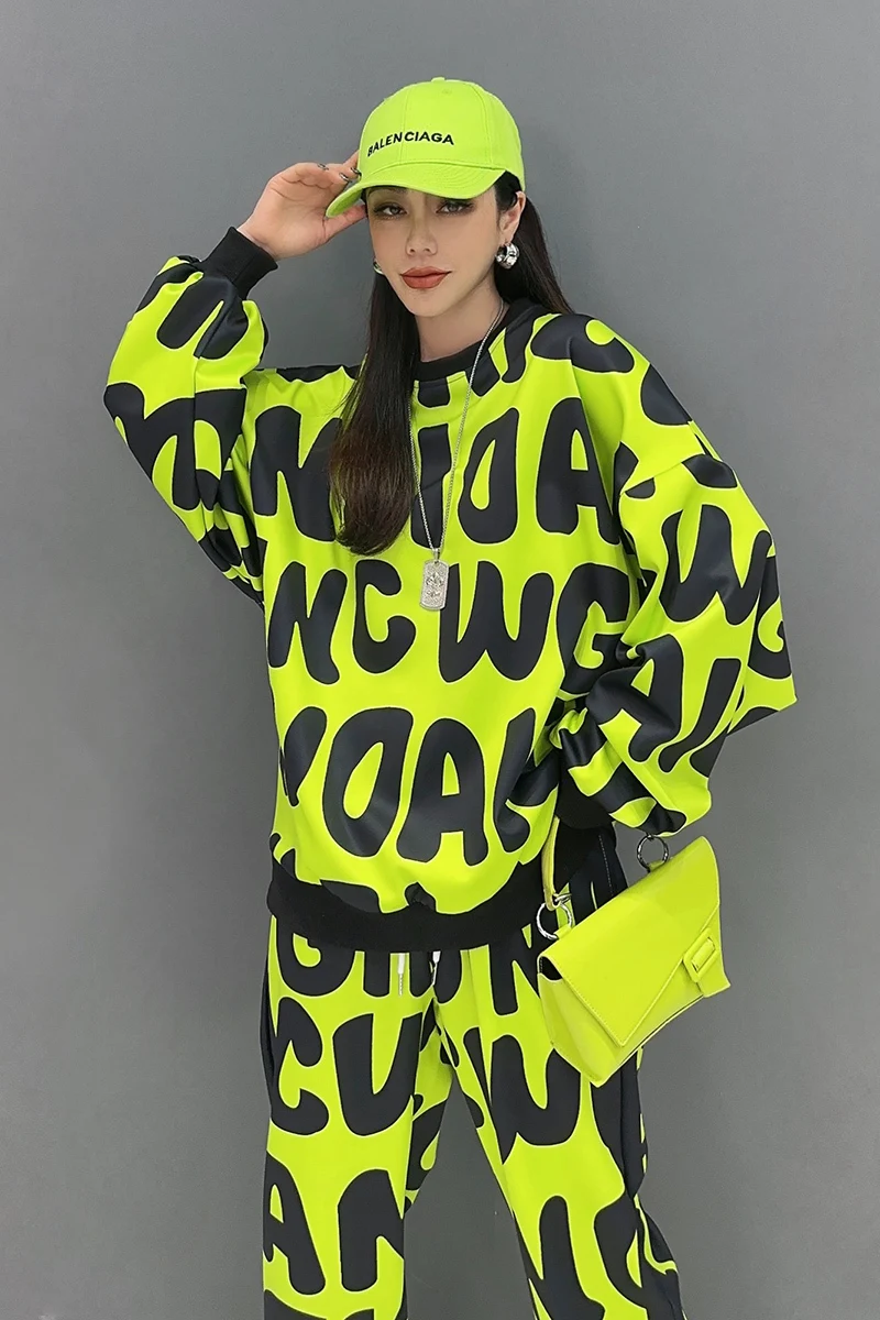 Vefadisa 2024 Autumn New Yellow  Lette Printed Women Matching Sets O-neck Long Sleeved T-shirt Casual Pant Two-piece Set ZXY888A