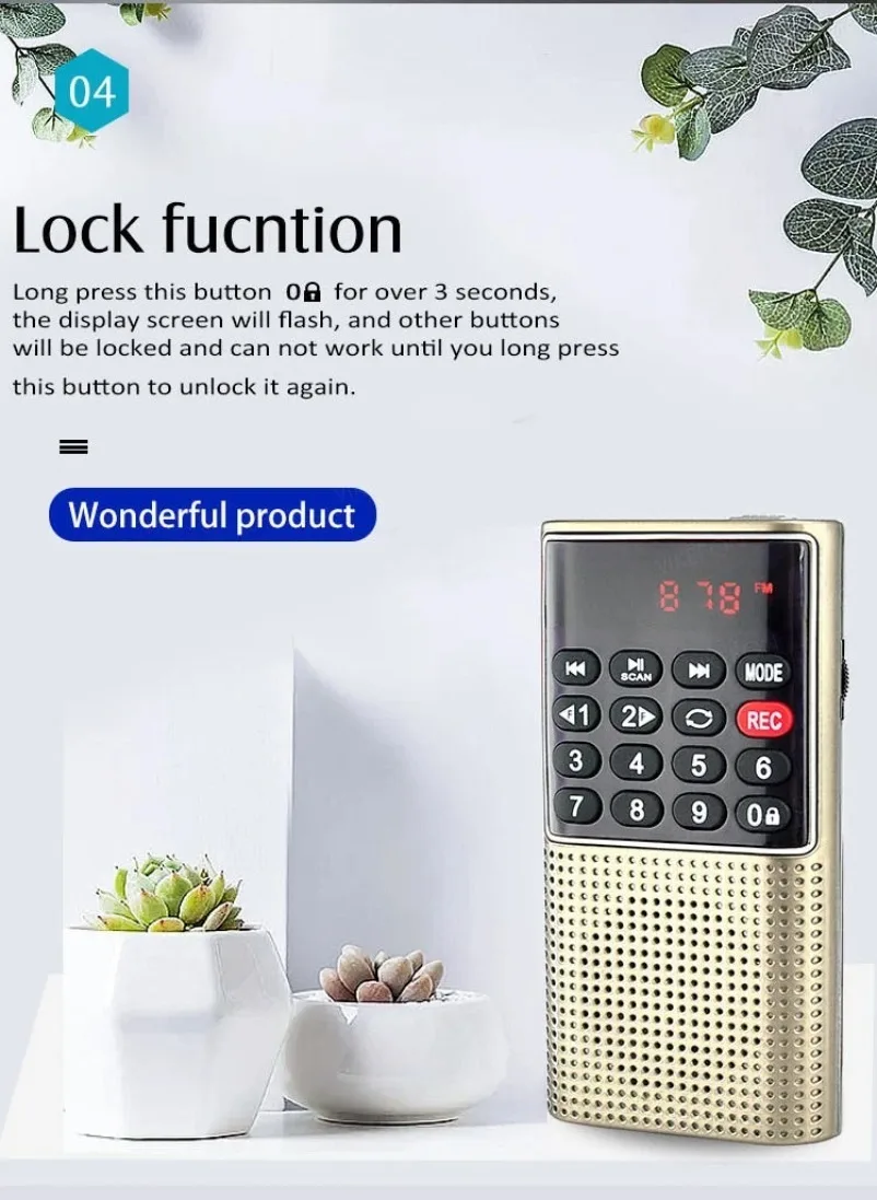 VIKEFON Tragbares Mini-FM-Radio, kabelloser Lautsprecher, MP3-Musik-Player mit Aufnahmefunktion, unterstützt Freisprechfunktion, TF-Karte, USB-Kopfhörerwiedergabe – Detail 16