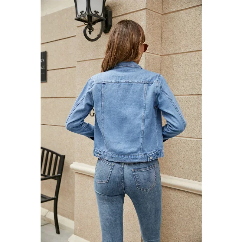 2024 Nieuwe Vrouwen Korte Denim Jassen Mode Dames Casual Lange Mouw Revers Effen Knoop Zak Slank Jean Jasje Herfst Winterjas