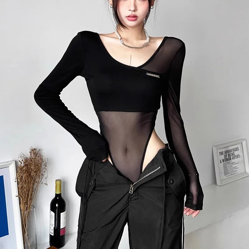 

Sexy Splice Netting Long Sve T-irt Base One-Piece Suit Street Sle mid Waist ort Pants for Slimming Effect