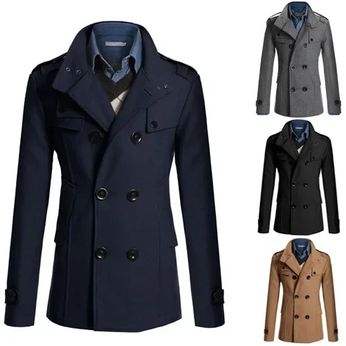 Mens Double Breasted Cotton Coat 2024 Winter Wool Blend Solid Color Casual Business Fashion Slim Trench Coat Jacket Men Clothing