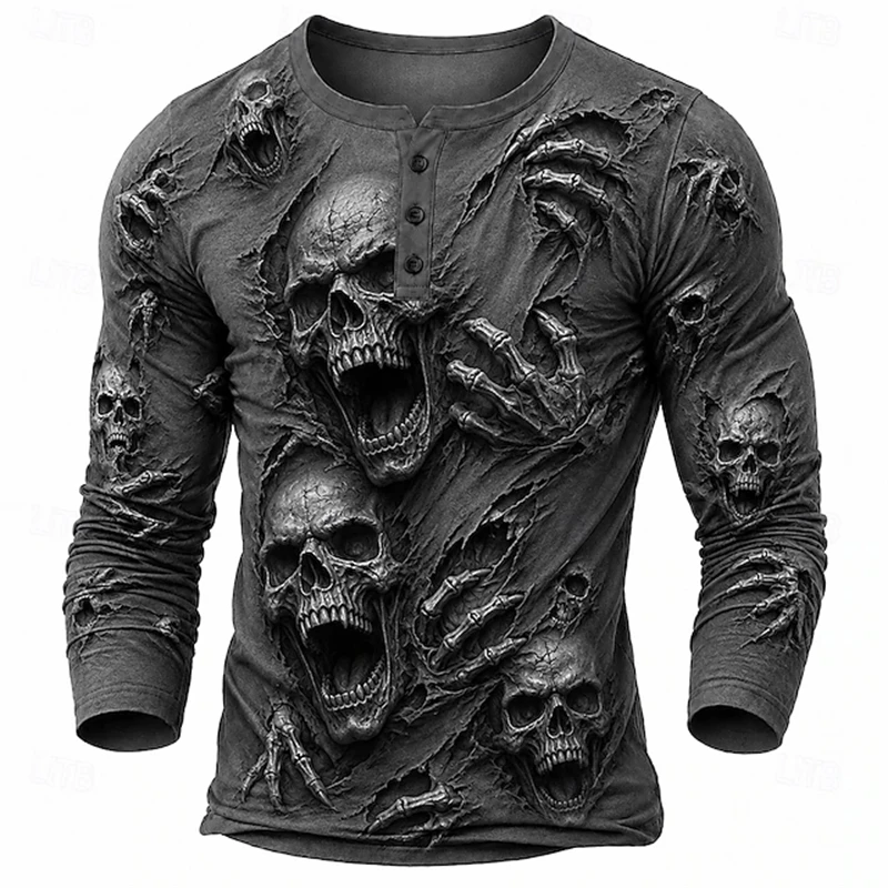 T-shirt à manches longues pour homme, style gothique d’horreur pour Halloween, avec motif de crâne en 3D – haut décontracté à blocs de couleurs pour l’automne.